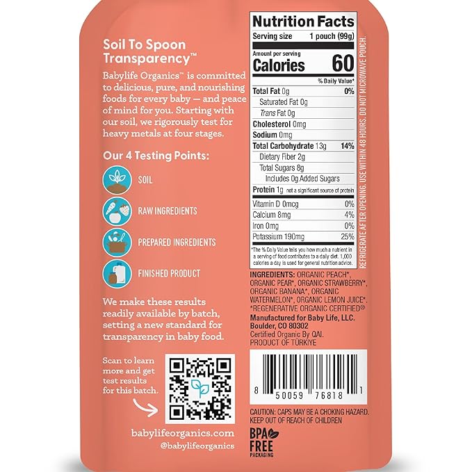Babylife Organics Stage 2 - Peach, Pear, Strawberry, Banana & Watermelon, 3.5 Ounce Pouch (6 Pack) - Heavy Metal Safe, Organic Baby Food