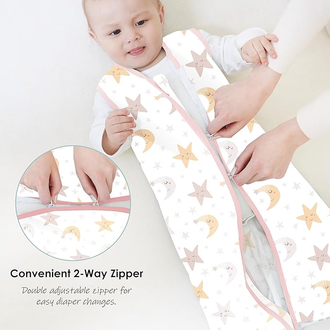 Cute Castle Baby Sleep Sack 12-18 Months - Lightweight 100% Cotton 2-Way Zipper TOG 0.5 Infant Wearable Blanket, Newborn Essentials Toddler Sleep Clothes, 3 Pack(Pink, Moon, Stars)