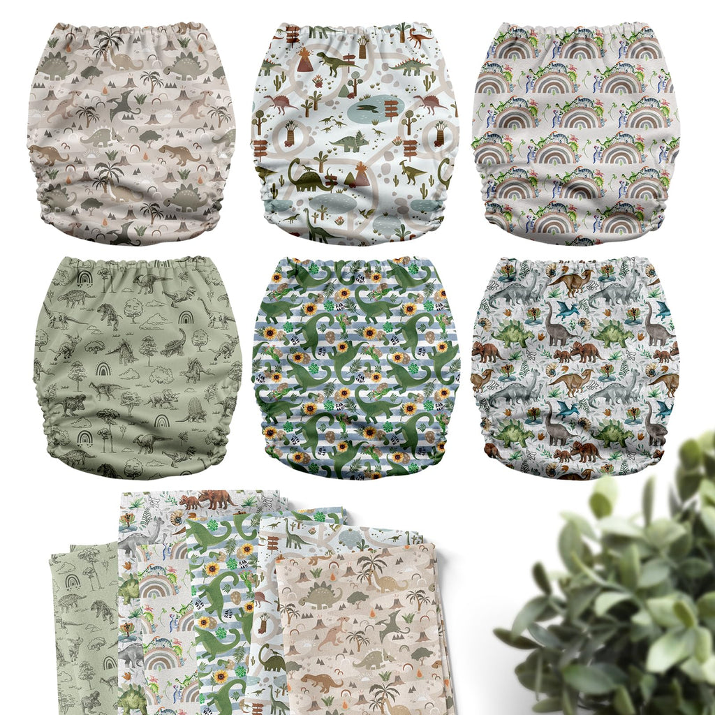 Mama Koala 3.0 Pocket Cloth Diapers for Babies with AWJ Lining, 6 Pack with 6 4-Layer Natural Cloth Diaper Inserts - Reusable and Washable Pocket Diapers(Cute Dinosaurs)