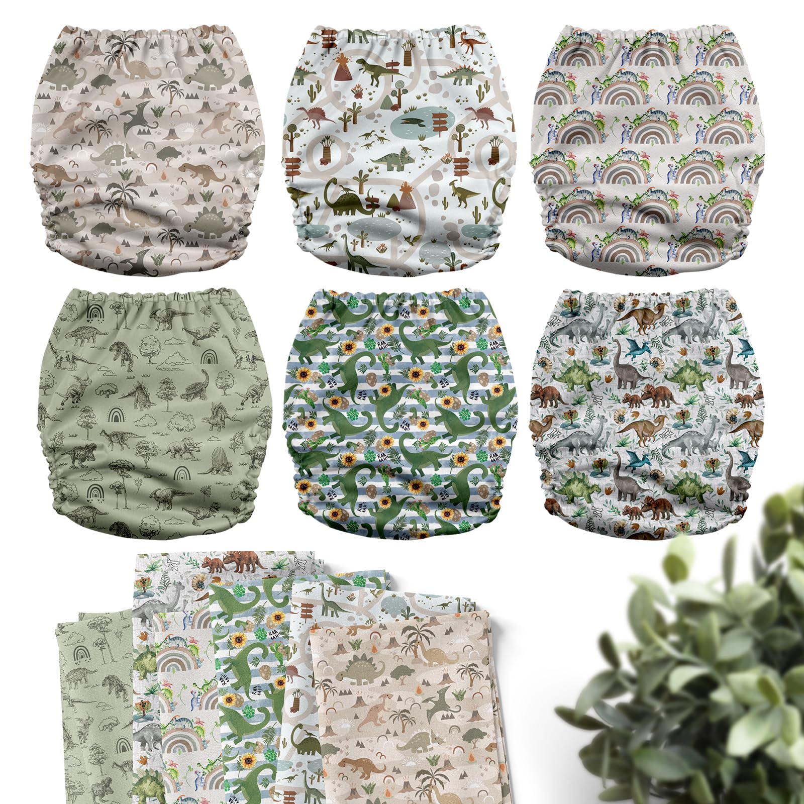 Mama Koala 3.0 Pocket Cloth Diapers for Babies with AWJ Lining, 6 Pack with 6 4-Layer Natural Cloth Diaper Inserts - Reusable and Washable Pocket Diapers(Cute Dinosaurs)