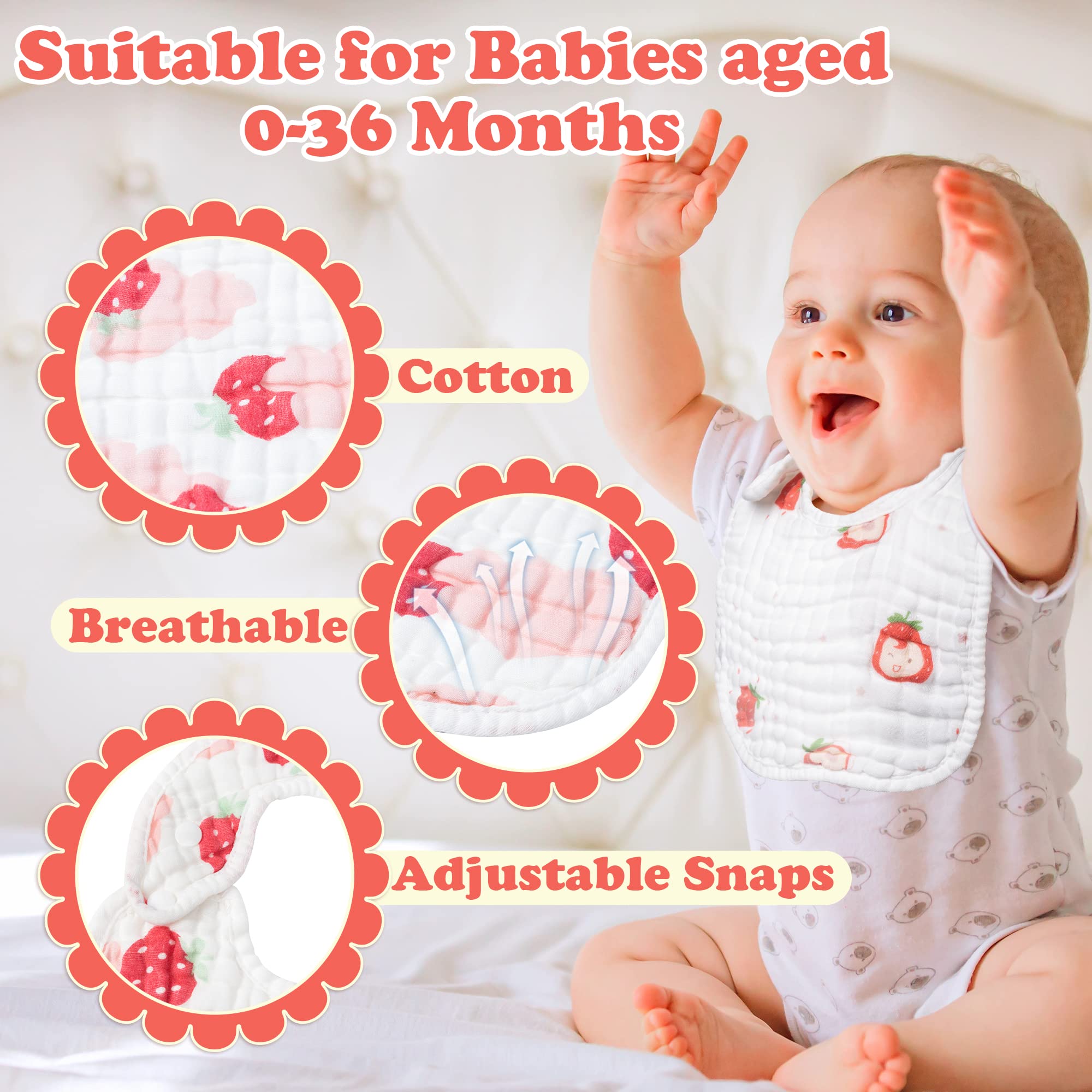 Zainpe 6Pcs Snap Muslin Cotton Baby Bibs Summer Strawberry Lemon Pattern Infants Feeding Bib Adjustable Machine Washable Unisex Burp Cloths with 6 Absorbent & Soft Layers for Drooling and Teething