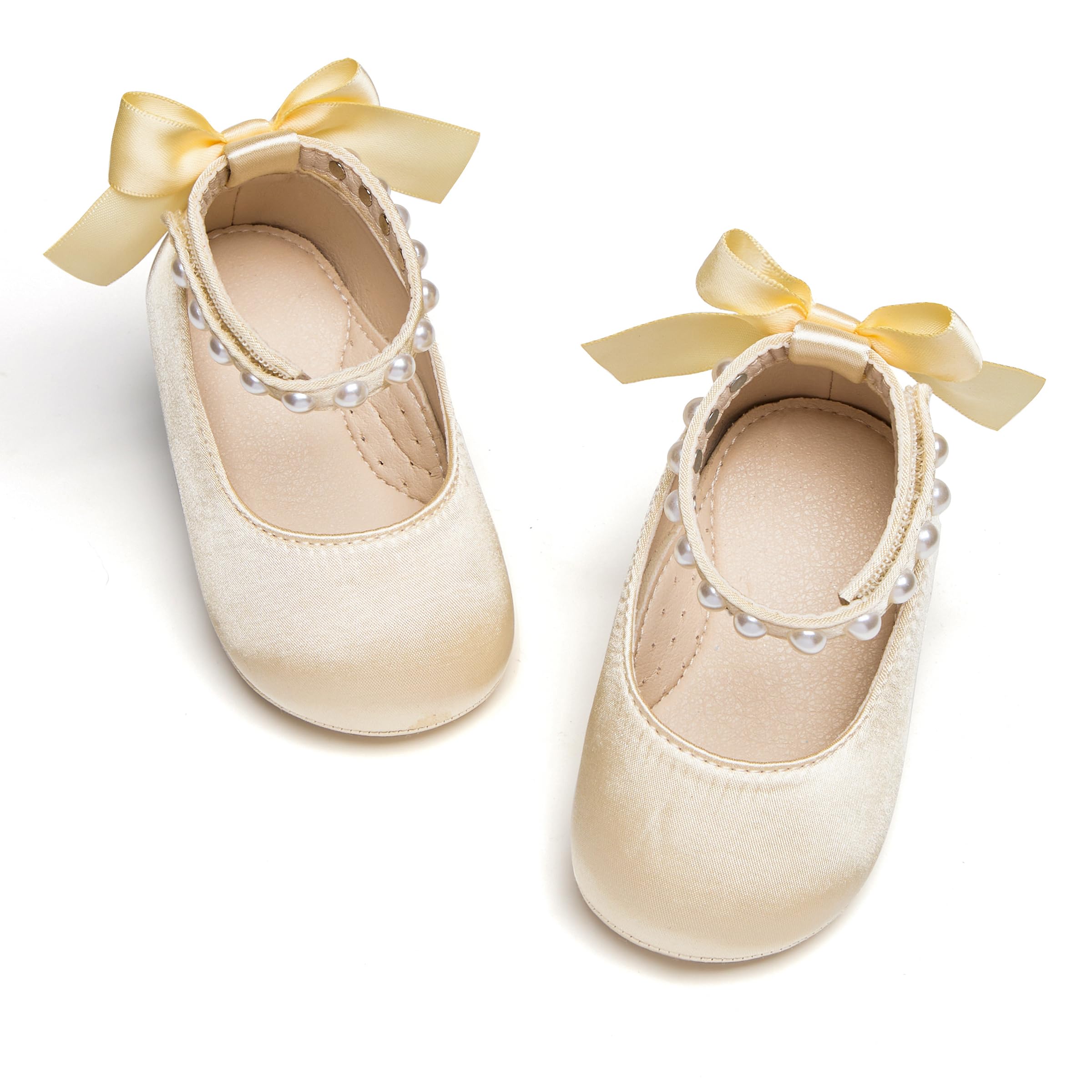 PHIRAMIN Baby Girls Satin Gold Mary Jane Flats - Infant 12-18 Months Walking Shoes Soft Rubber Sole Princess Wedding