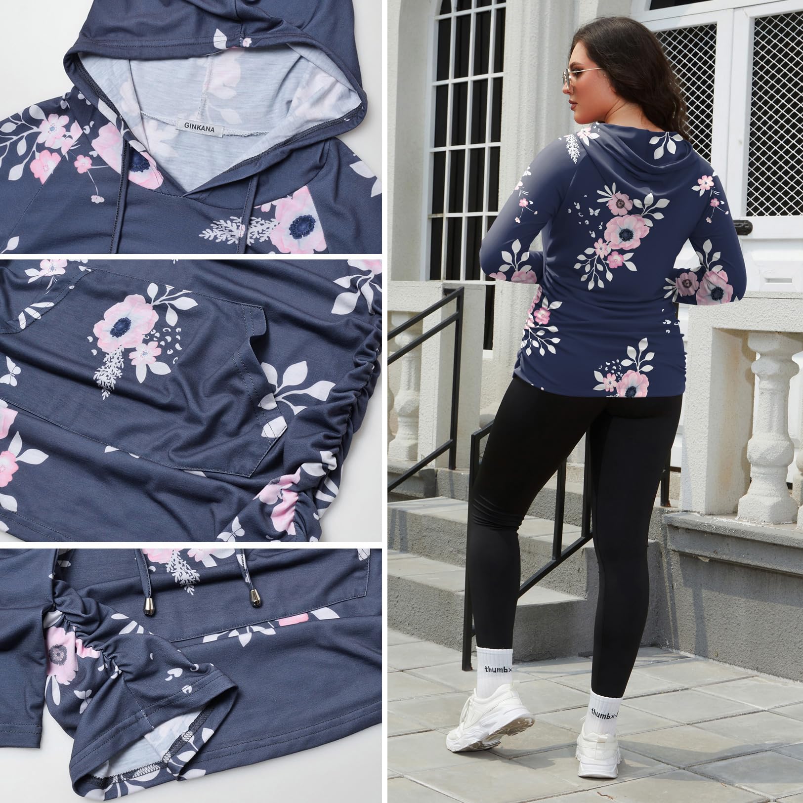 Women's Maternity Hoodie Sweatshirt Long Sleeves Maternity Tops Casual Clothes,Blue with Pink Flower,Large