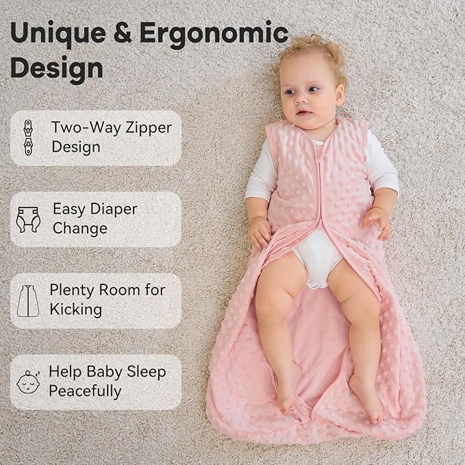 Fleece Baby Sleep Sack 0-6 Months with Plush Dots 1.5 Tog Baby Wearable Blanket with 2-Way Zipper Warm Sleeping Sack for Toddler Infant Newborn - Small, Pink