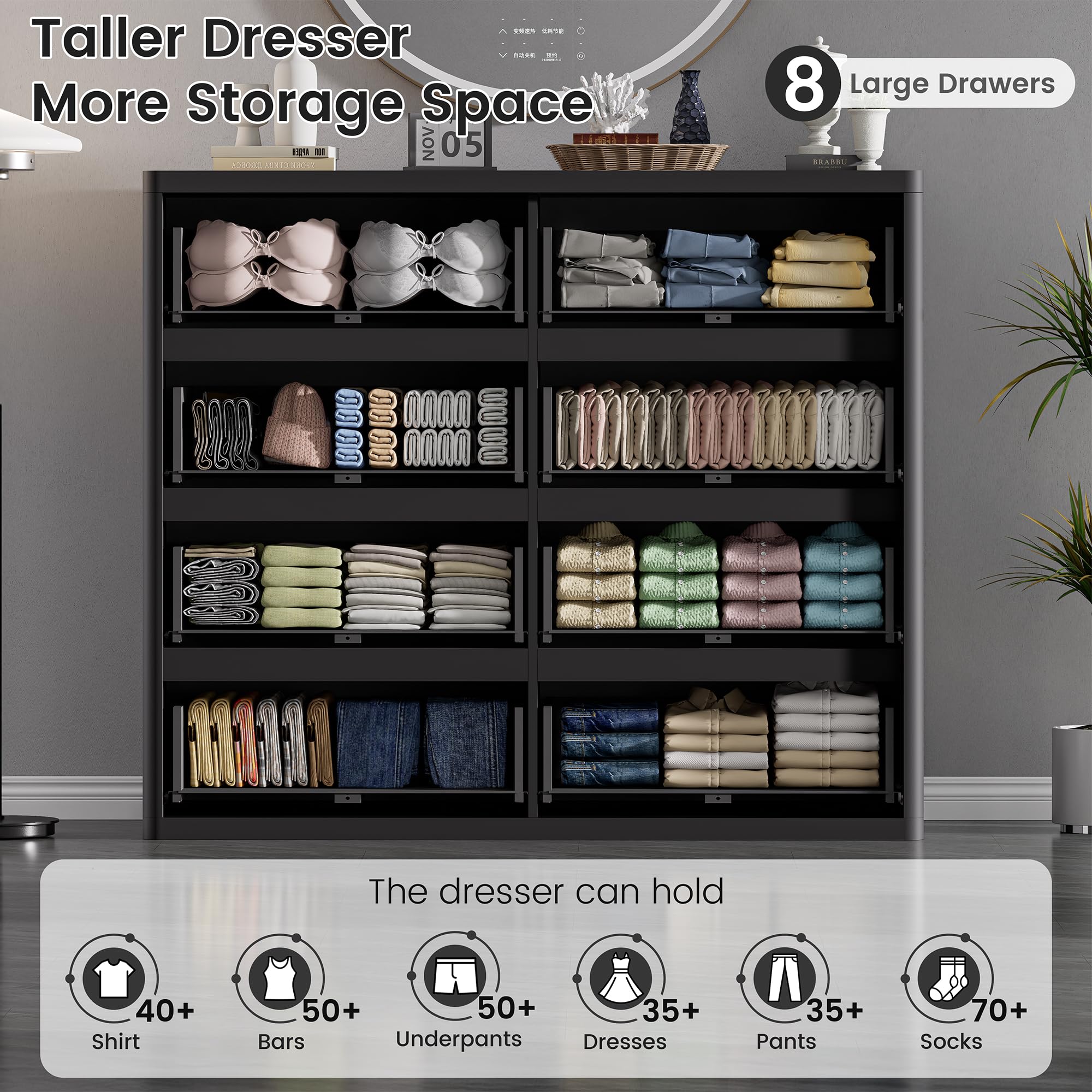 Standifurno Black Dresser for Bedroom, 8 Drawers Double Fluted Dressers, Modern Chest of Drawers with Curved Profile, Handleless, Storage Closet Dressers for Bedroom, Living Room, Entryways