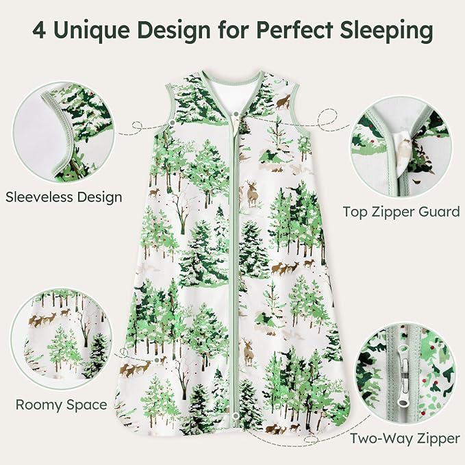 Baby Sleep Sack 18-24 Months 100% Cotton Lightweight 0.5 TOG Wearable Blanket Baby Sleep Bag with 2-Way Zipper for Infant Toddler Green Pine Tree