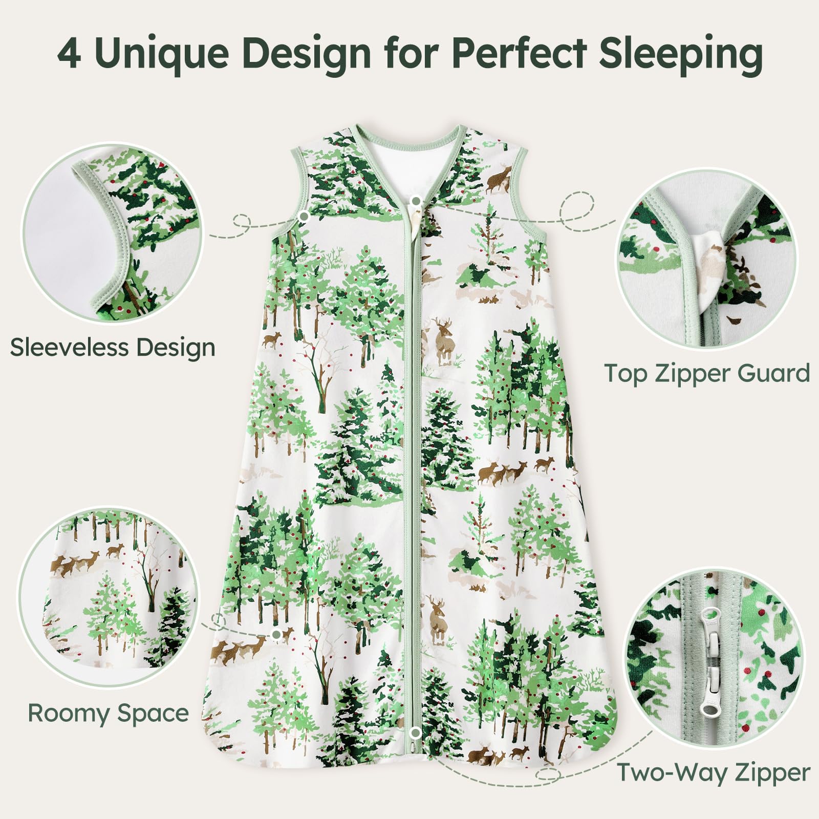 Unnivoll Baby Sleep Sack 0-6 Months 100% Cotton Lightweight 0.5 TOG Wearable Blanket Baby Sleep Bag with 2-Way Zipper for Newborn Infant Green Pine Tree