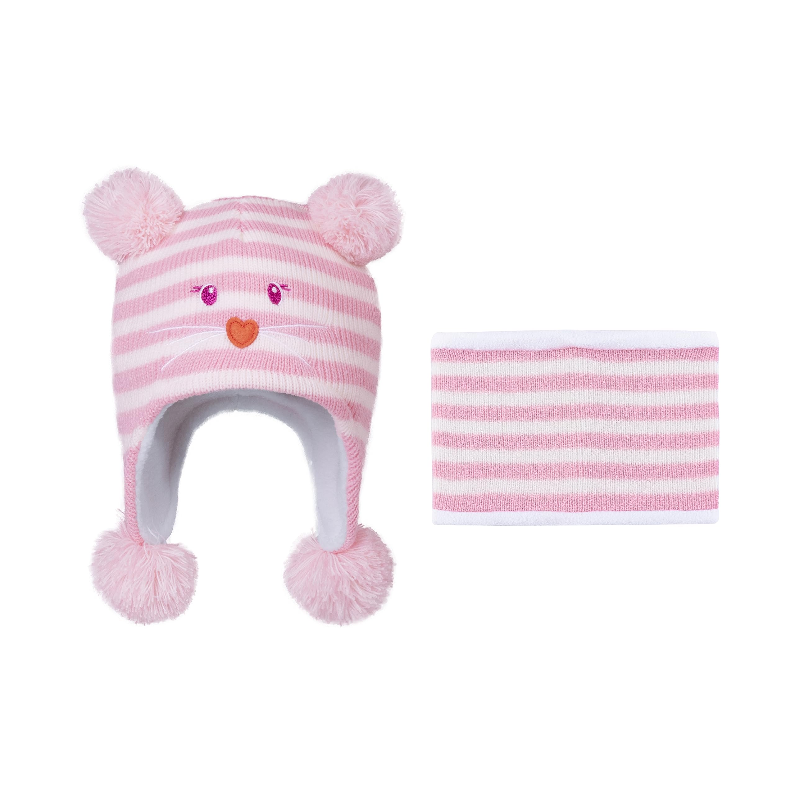 LANGZHEN Toddler Kids Infant Winter Hat,Earflap Knit Warm Cap Fleece Lined Beanie for Baby Girls (Polar Bear - Pink+Neck Gaiter Stripe, S(46-48CM/18.11"-18.9"))