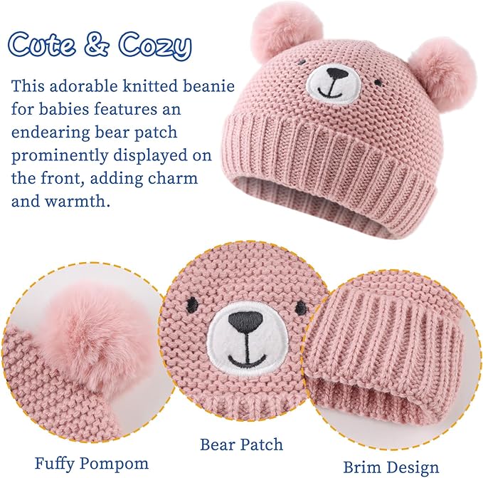 JANGANNSA Cute Bear Baby Beanie Pompom Baby Boys Hat Infant Toddler Winter Knitted Beanies for Girls