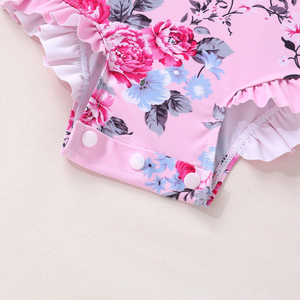 Infant Baby Girls Long Sleeve One Piece Swimsuit with Hat Floral Zipper Bathing Suit Leopard Beach Wear (Pink Edged Big Flower，3-6Months)