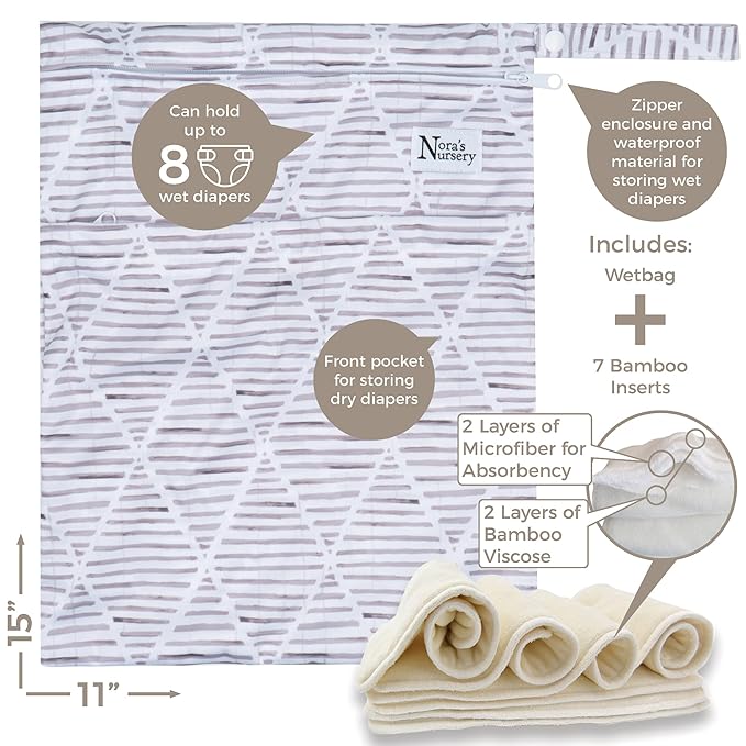Nora's Nursery Cloth Diapers 7 Pack with 7 Inserts & 1 Wet Bag - Waterproof Cover, Washable, Reusable & One Size Adjustable Pocket Diapers for Newborns and Toddlers - Florence