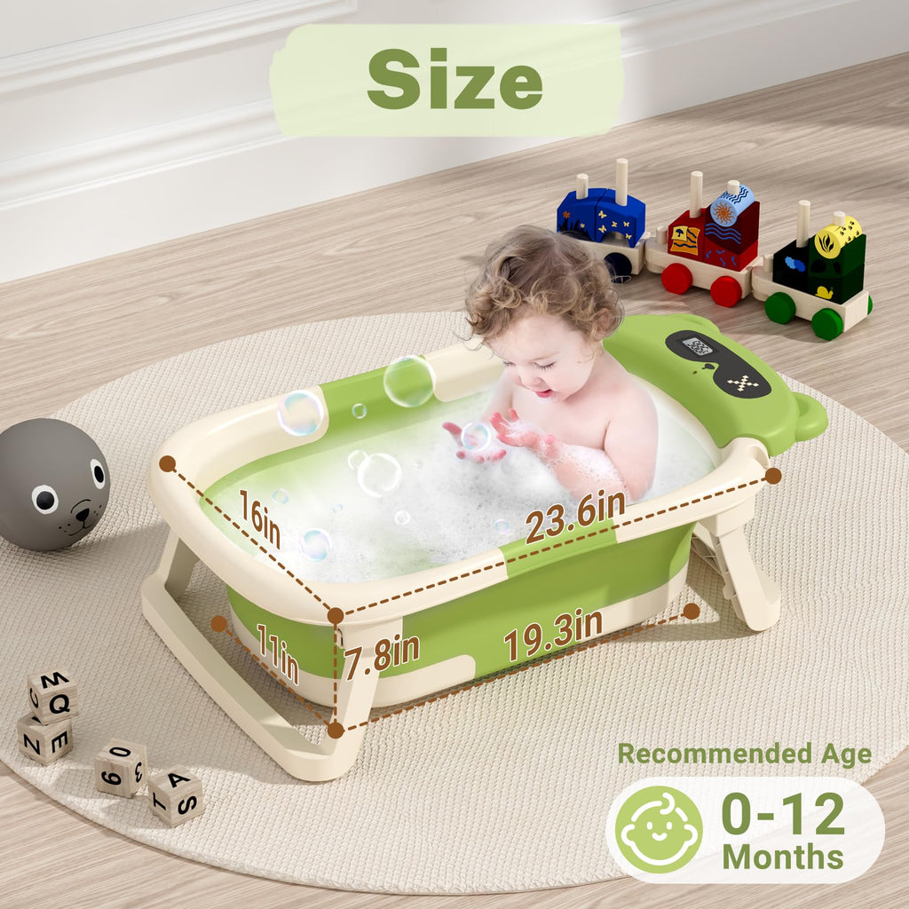 AVIDOR Baby Bathtub,Collapsible Bathtub for Newborn to Toddler,Durable Essential Infant Bath Tub,Portable Travel Baby Tub with Soft Cushion,No-Slip Hanging and Detachable(Green)