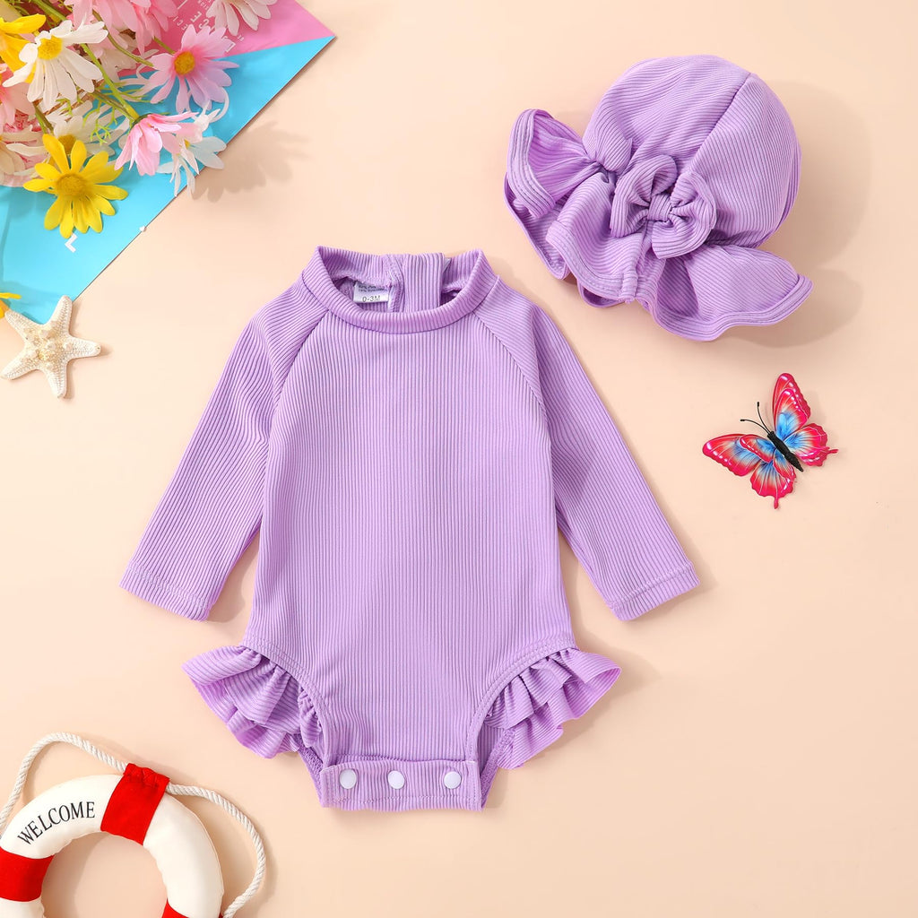 Infant Baby Girls Swimsuit Long Sleeve Swimsuit One Piece Swimsuit Solid Color Bathing Suit with Hat, UPF 50+（Purple, 12-18 Months）