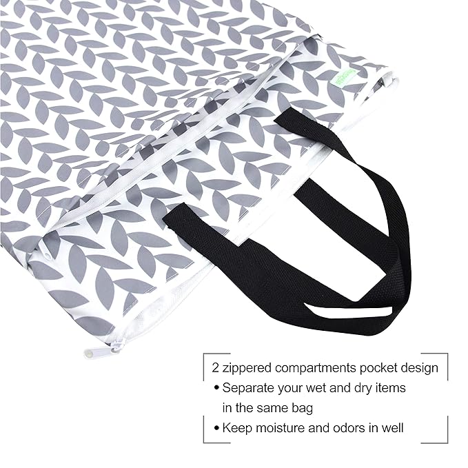 wegreeco Reusable Hanging Wet Dry Cloth Diaper Bag (Grey Leaf)
