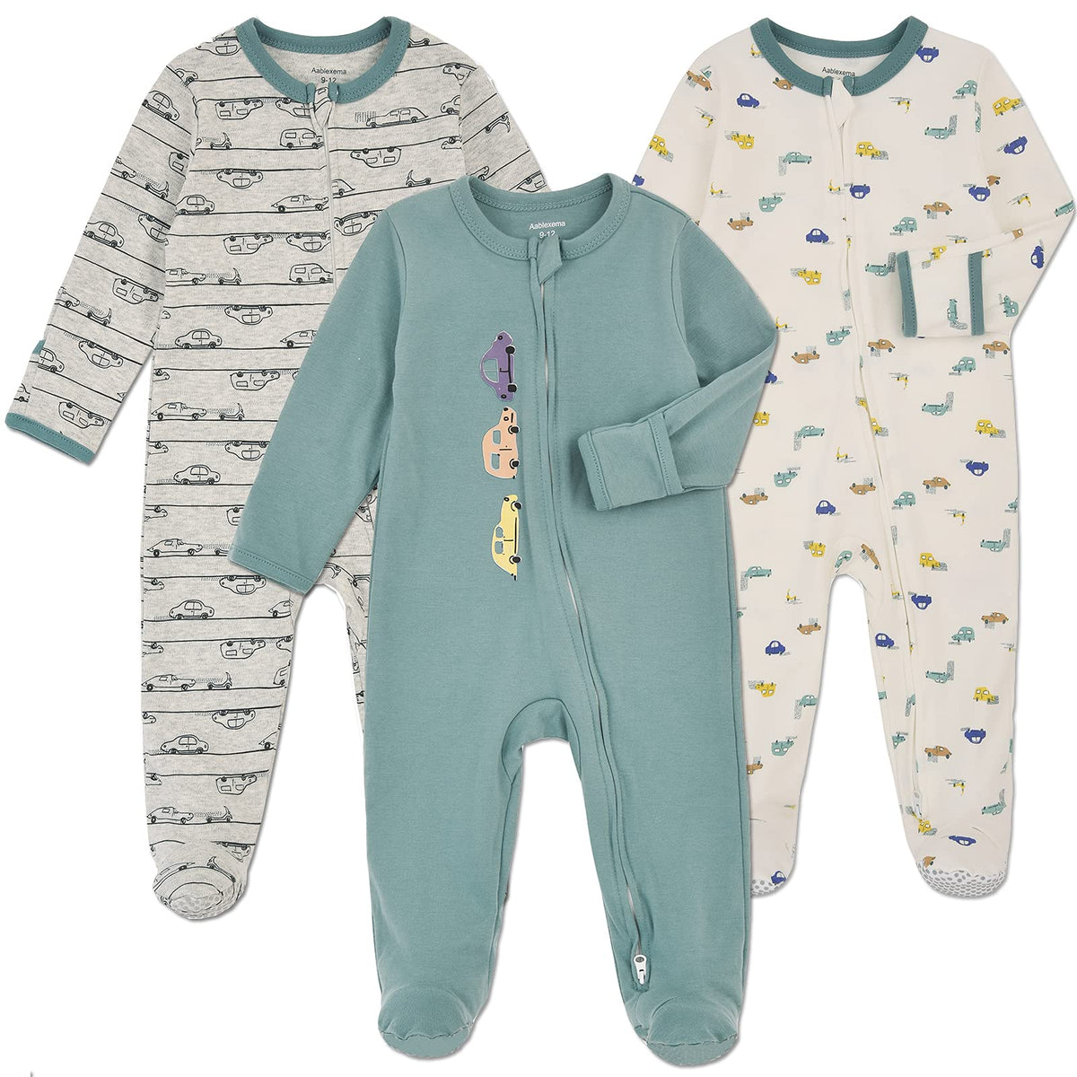 Aablexema Baby Footie Pajamas with Mitten Cuffs, Double Zipper Infant Cotton clothes Sleeper Pjs, Footed Sleep Play (6-9m, Ivory & Grey & Blue)