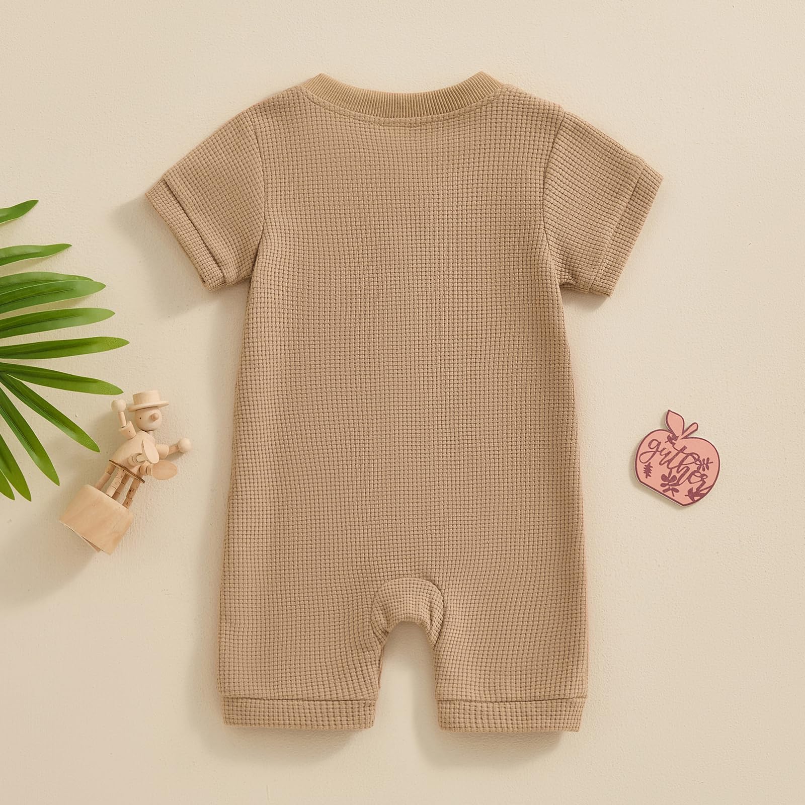 Kuriozud Newborn Baby Boy Girl Clothes Button Solid Short Sleeve Romper Jumpsuit Basic One Piece Outfits Baby Neutral Clothing Waffle Short Sleeve Khaki, 0-3 Months