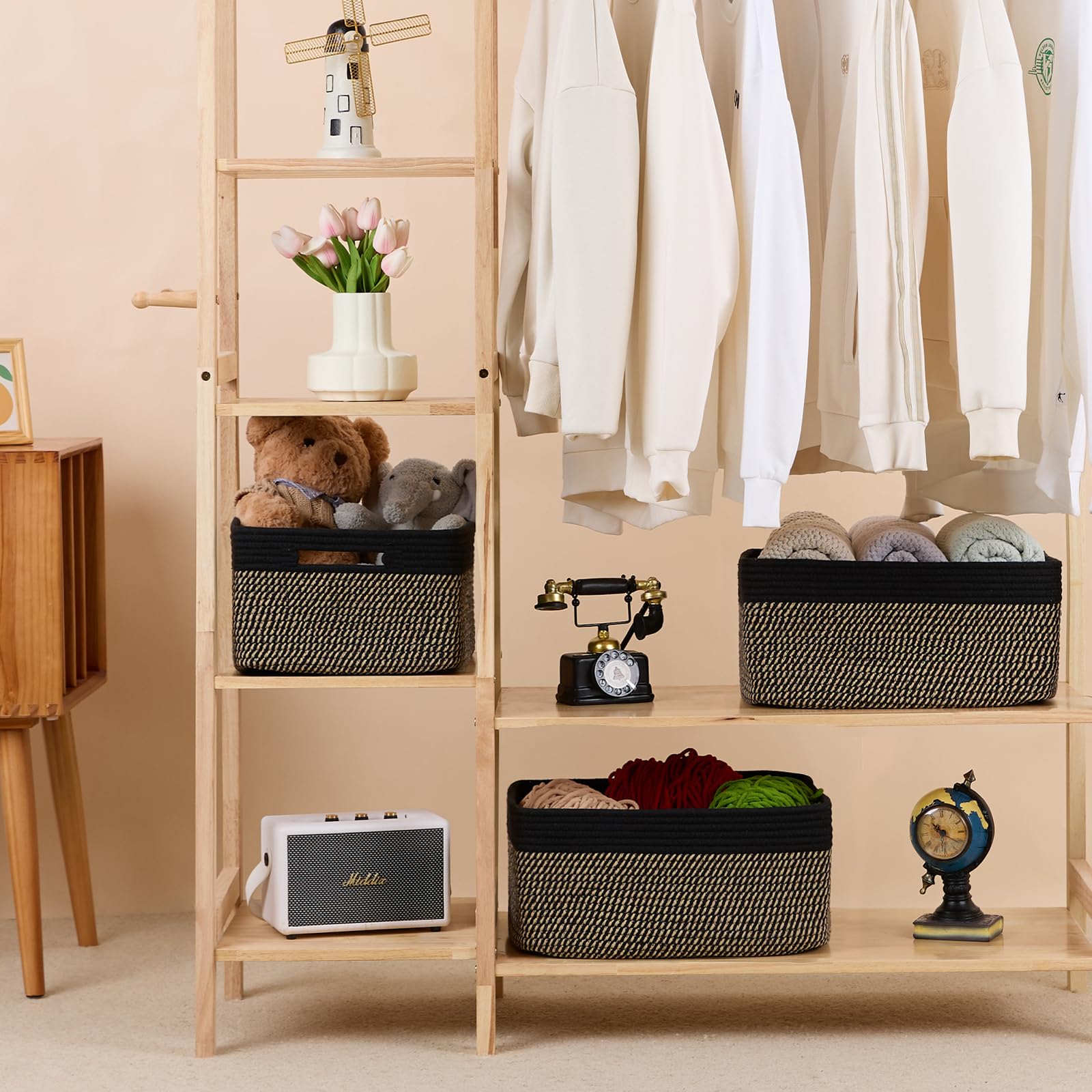 MiniArk Large Storage Baskets for Shelves, 17 x 13 x 7.5” Closet Organizers Bins for Clothes Blanket Towels, Baby Nursery, Toy Baskets Box, Woven Rope Baskets, 3 Packs Woven Brown