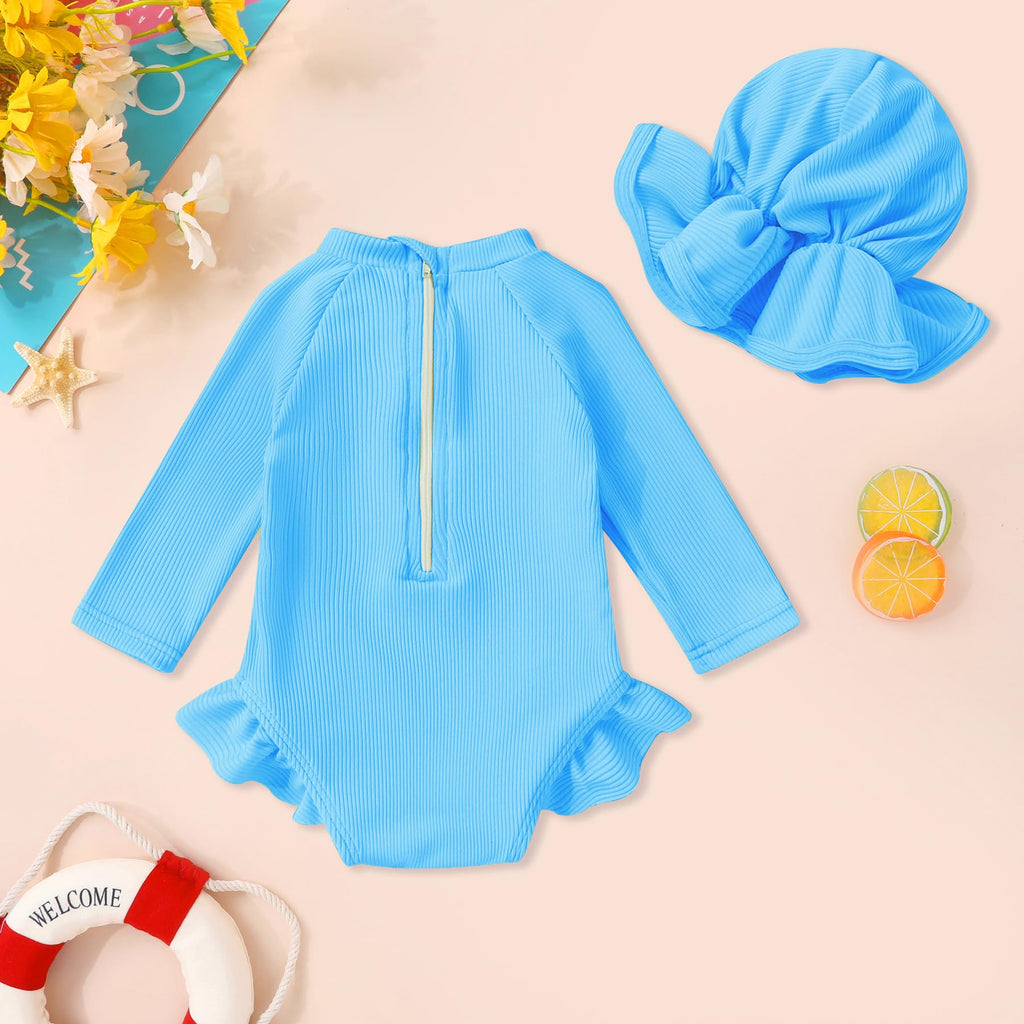 YOUNGER TREE Infant Baby Girls Swimsuit Long Sleeve One Piece Swimsuit Solid Color Bathing Suit with Hat, UPF 50+ (Blue, 18-24 Months)