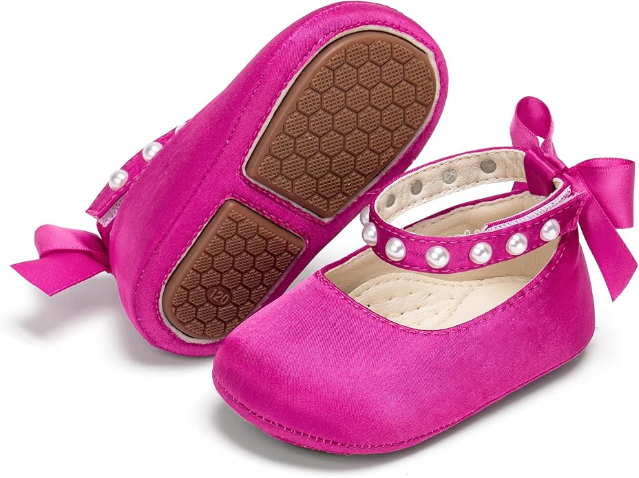 Baby Girls Mary Jane Flats - Infant Newborn Walking Shoes Soft Rubber Sole Princess Wedding