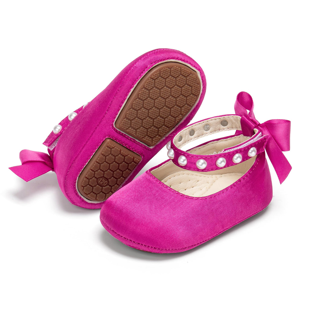 PHIRAMIN Baby Girls Satin Hot Pink Mary Jane Flats - Infant 12-18 Months Walking Shoes Soft Rubber Sole Princess Wedding