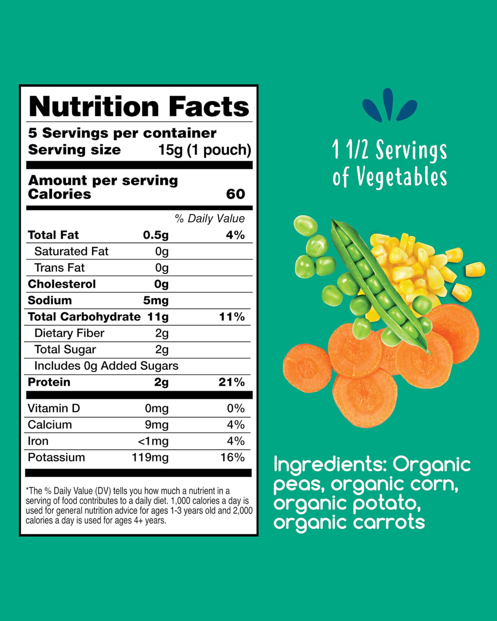 Amara Organic Baby Food - Stage 2 - Peas, Corn & Carrots - Baby Cereal to Mix With Breastmilk, Water or Baby Formula - Shelf Stable Baby Food With 100% Organic Veggies - 5 Pouches, 3.5oz Per Serving