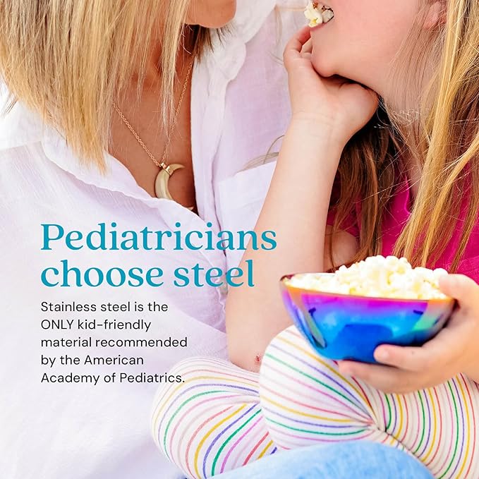 Ahimsa Stainless Steel Bowls for Kids | Non Toxic, Pediatrician Designed Toddler Bowls 12oz | Durable Metal Kids Bowl, Easy to Clean, Dishwasher Safe | Set of 4 Fun Blue