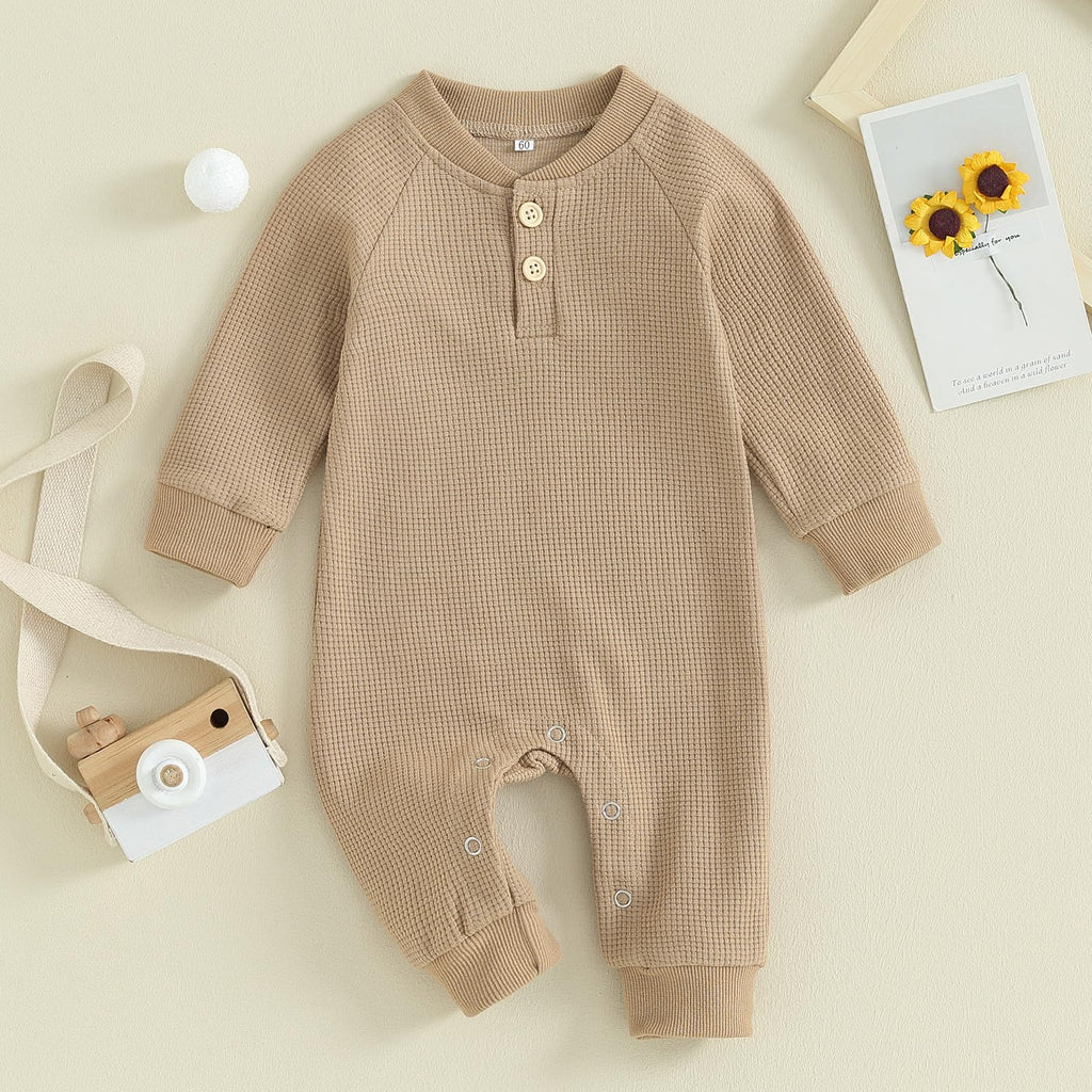 Kuriozud Newborn Baby Boy Girl Clothes Button Solid Long Sleeve Romper Jumpsuit Basic One Piece Outfits Waffle Long Sleeve Khaki, 9-12 Months