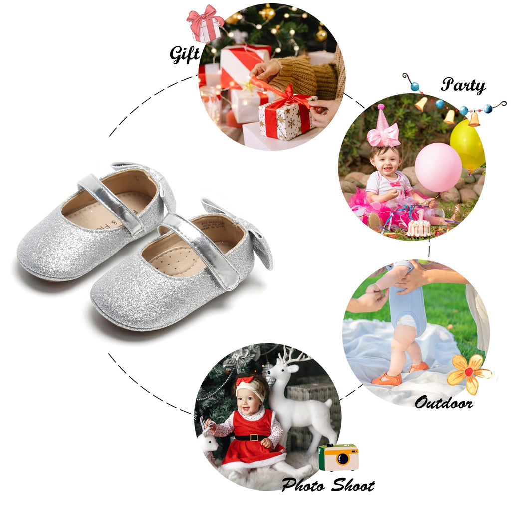 Felix & Flora Soft Sole Leather Gold Baby Shoes - Infant Baby Walking Shoes Moccasins - Rubber Sole Crib Shoes(Silver,9-12 Months)