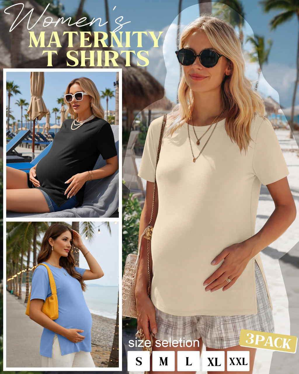 Ficerd 3 Pack Women's Maternity T Shirts, 3-Color, Large