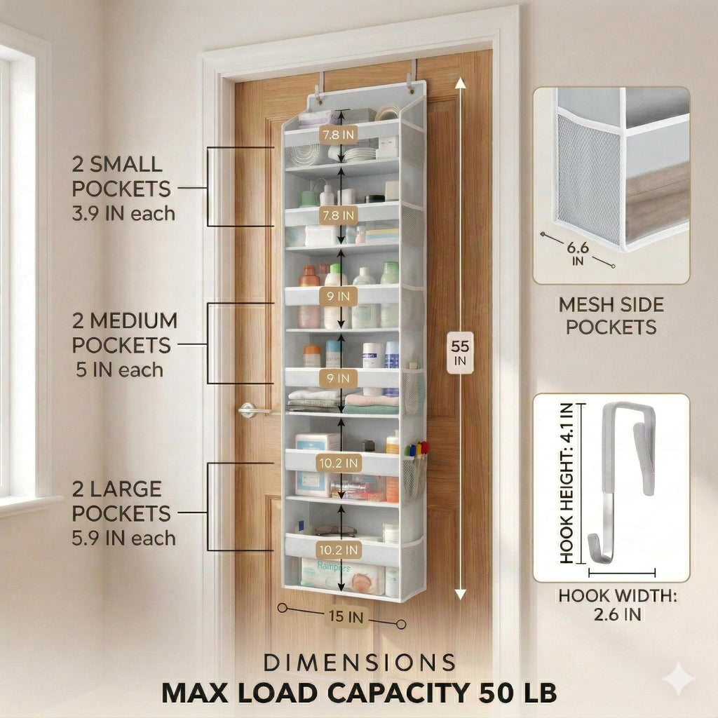 HOMELUX THEORY Over the Door Organizer, 6-Tier, 100D Fabric, Light Gray 1pc