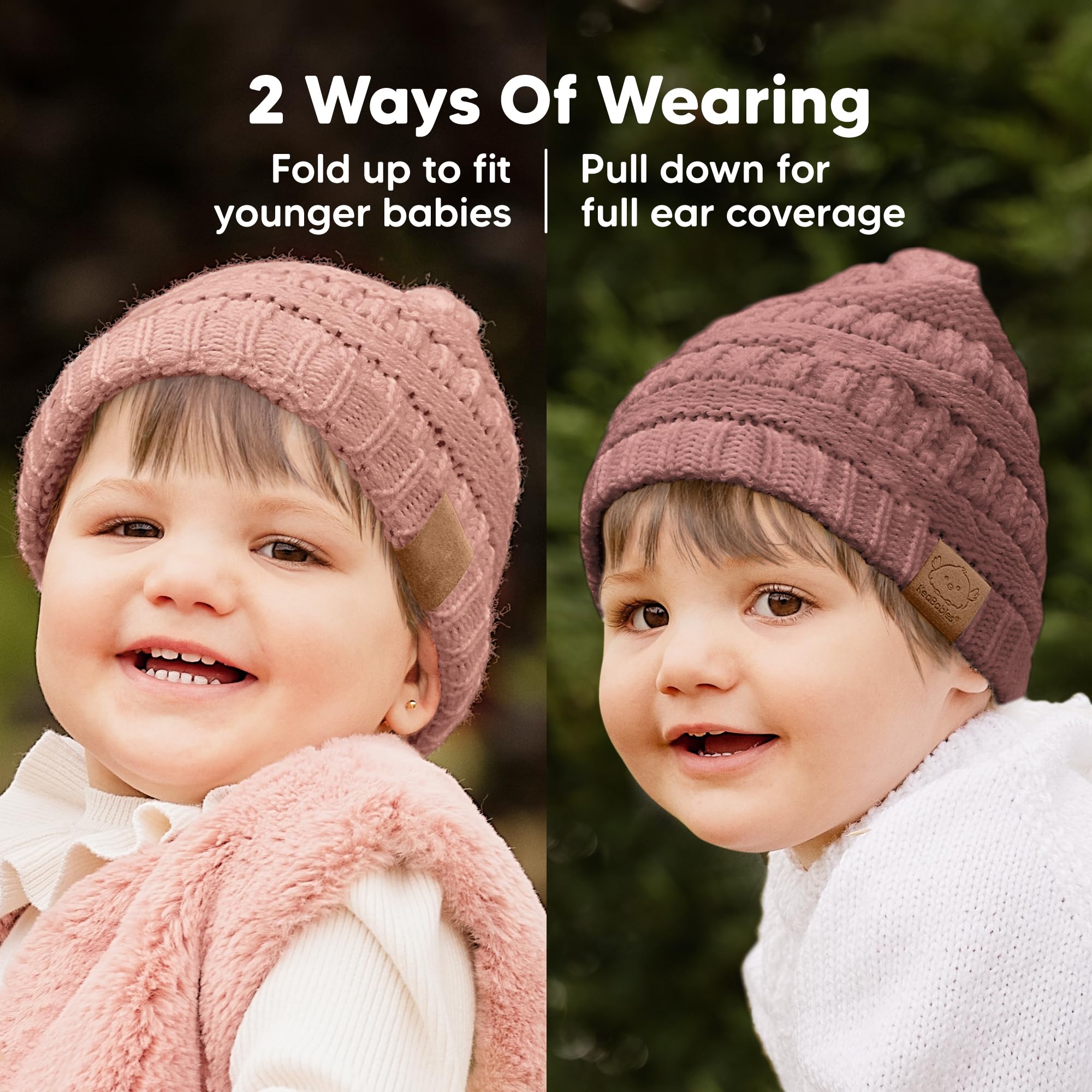 KeaBabies 3-Pack Baby Beanies for Boys, Girls,Soft Cute Baby Hat (Tea Rose, 6-36M)