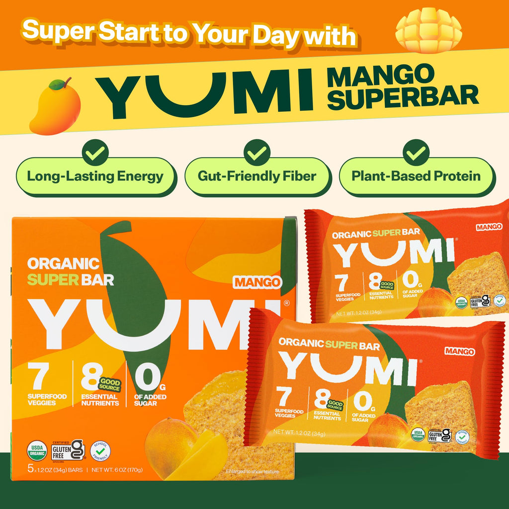 YUMI Organic Breakfast Superbar 7 Superfood Veggies High Fiber, Mango, 30CT