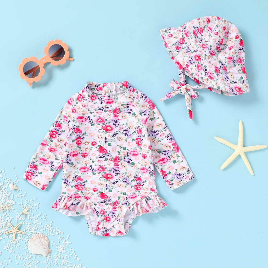 Infant Baby Girl Swinsuit One-Piece Long Sleeve Rash Guard with Hat Set Floral Zipper Bathing Suit Leopard Beach Wear (12-18 Months, Flower#3)