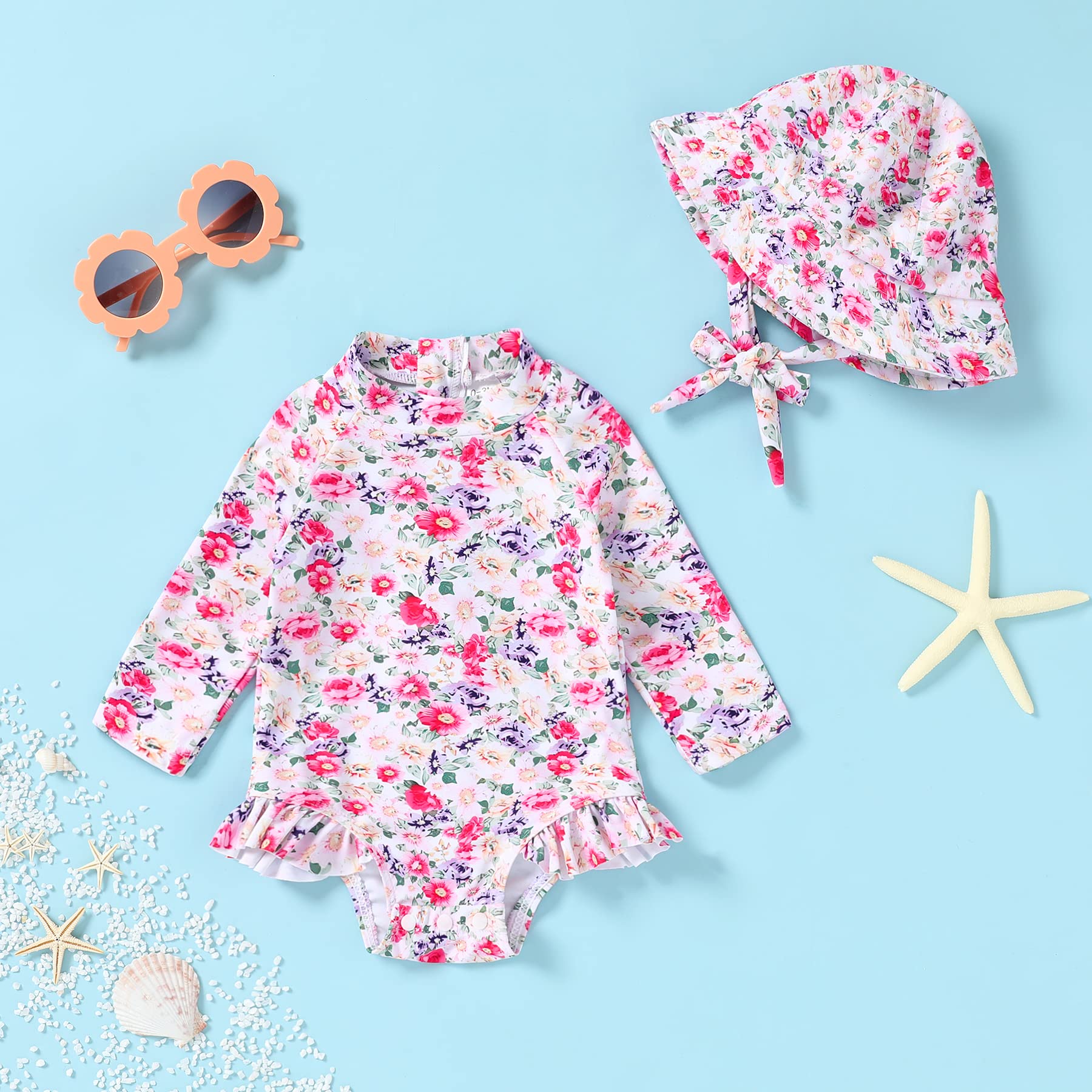 Infant Baby Girl Swinsuit One-Piece Long Sleeve Rash Guard with Hat Set Floral Zipper Bathing Suit Leopard Beach Wear (12-18 Months, Flower#3)
