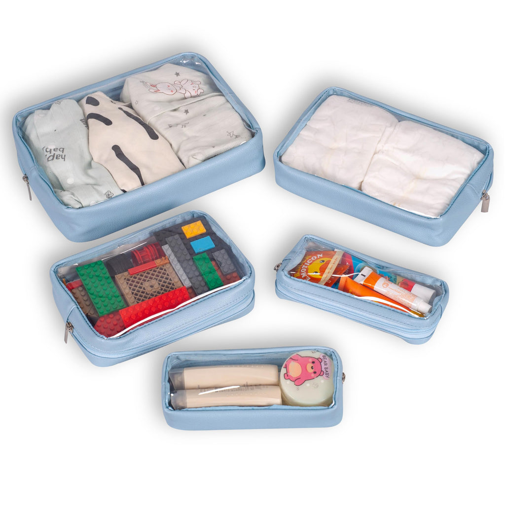 Remobia Hicol TSA Approved 5-Piece Diaper Bag Organizer Pouch Set Clear Waterproof TPU Kids Toiletry Storage Set Travel Packing Clutch Cube Bags for Baby Nursing (Blue)