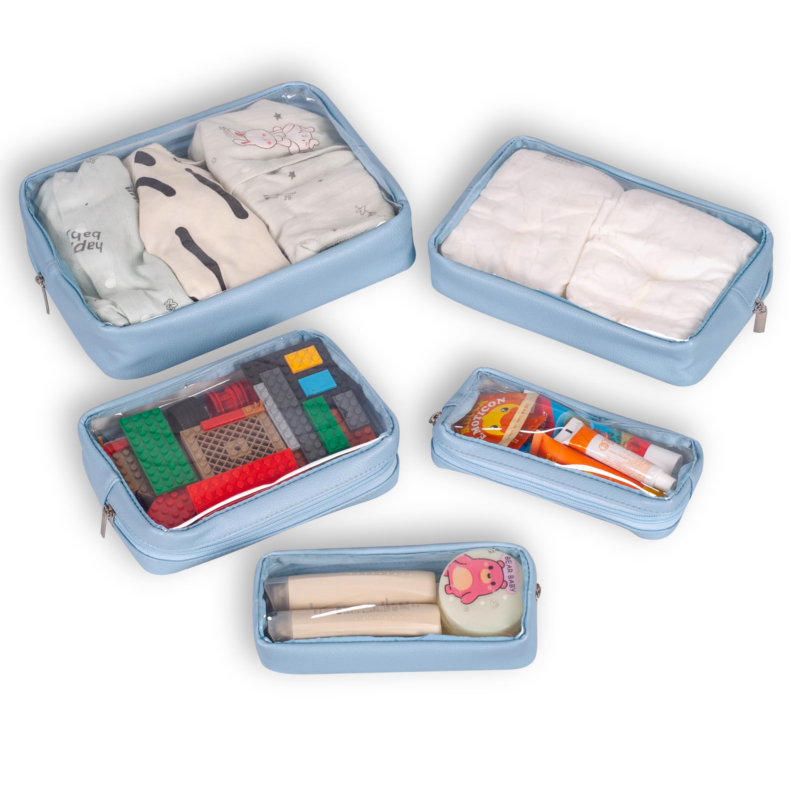 Remobia Hicol TSA Approved 5-Piece Diaper Bag Organizer Pouch Set Clear Waterproof TPU Kids Toiletry Storage Set Travel Packing Clutch Cube Bags for Baby Nursing (Blue)