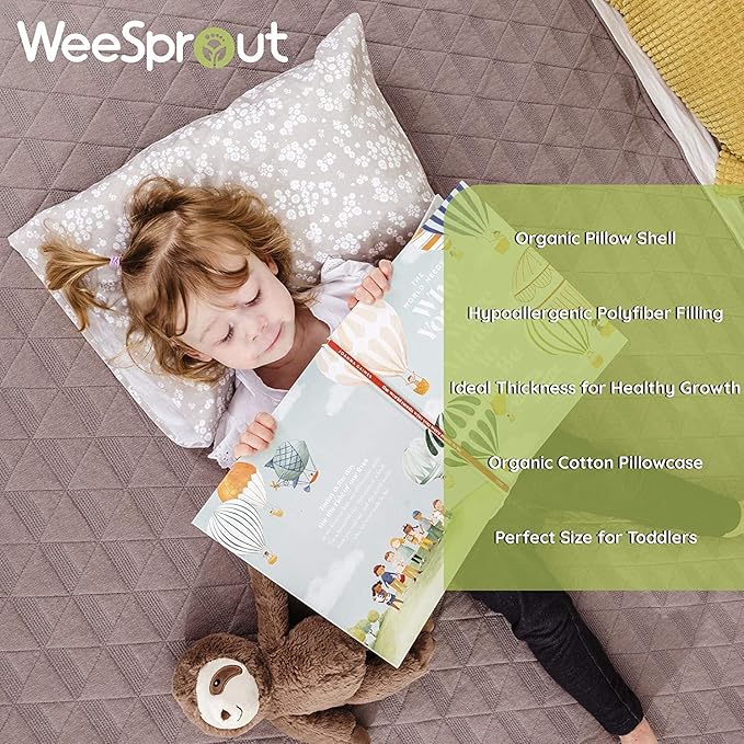 WeeSprout Toddler Polyester Organic Cotton Shell and Pillowcases, Small Kids Pillow, Soft and Supportive Polyfiber Filling, Machine Washable, 18 x 13 x 3 (White + Safari Print, 3 Piece Set)