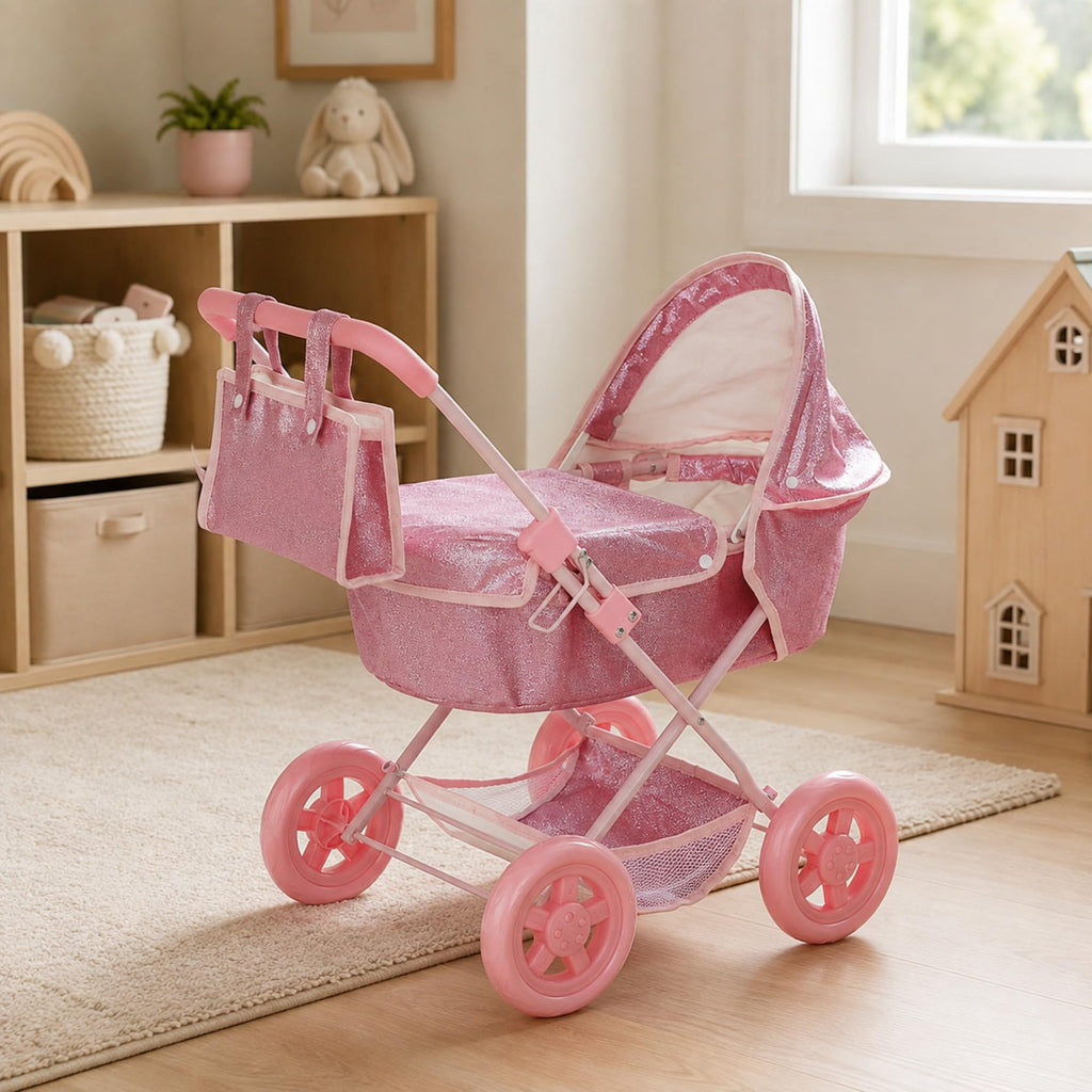 Olivia's Little World Baby Doll Bassinet Pram, Hot Pink Glitter