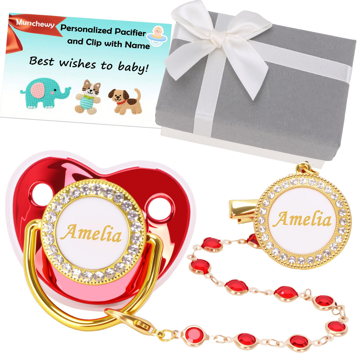 Munchewy Custom Baby Pacifier with Name and Clip for Newborns(White)