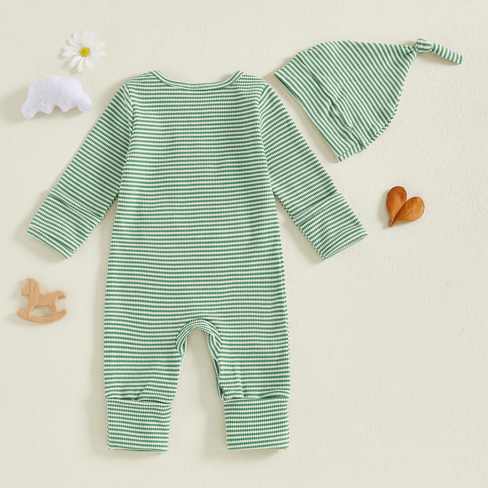 Fernvia Newborn Baby Boy Clothes Letters Print Bodysuit 3 6 9 12 18 Months Long Sleeve Jumpsuit with Hat 2PCS Outfits Set (D Green, 3-6 Months)