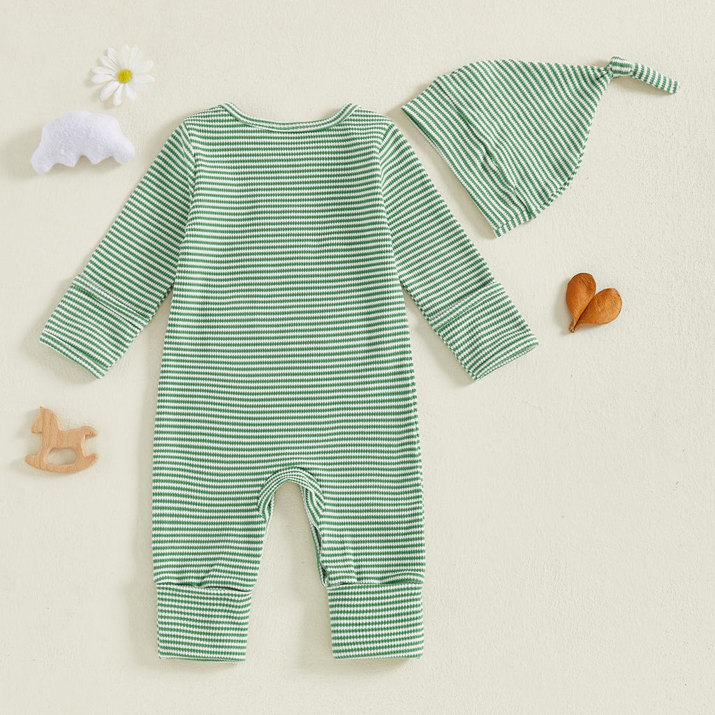 Fernvia Newborn Baby Boy Clothes Letters Print Bodysuit 3 6 9 12 18 Months Long Sleeve Jumpsuit with Hat 2PCS Outfits Set (D Green, Newborn)