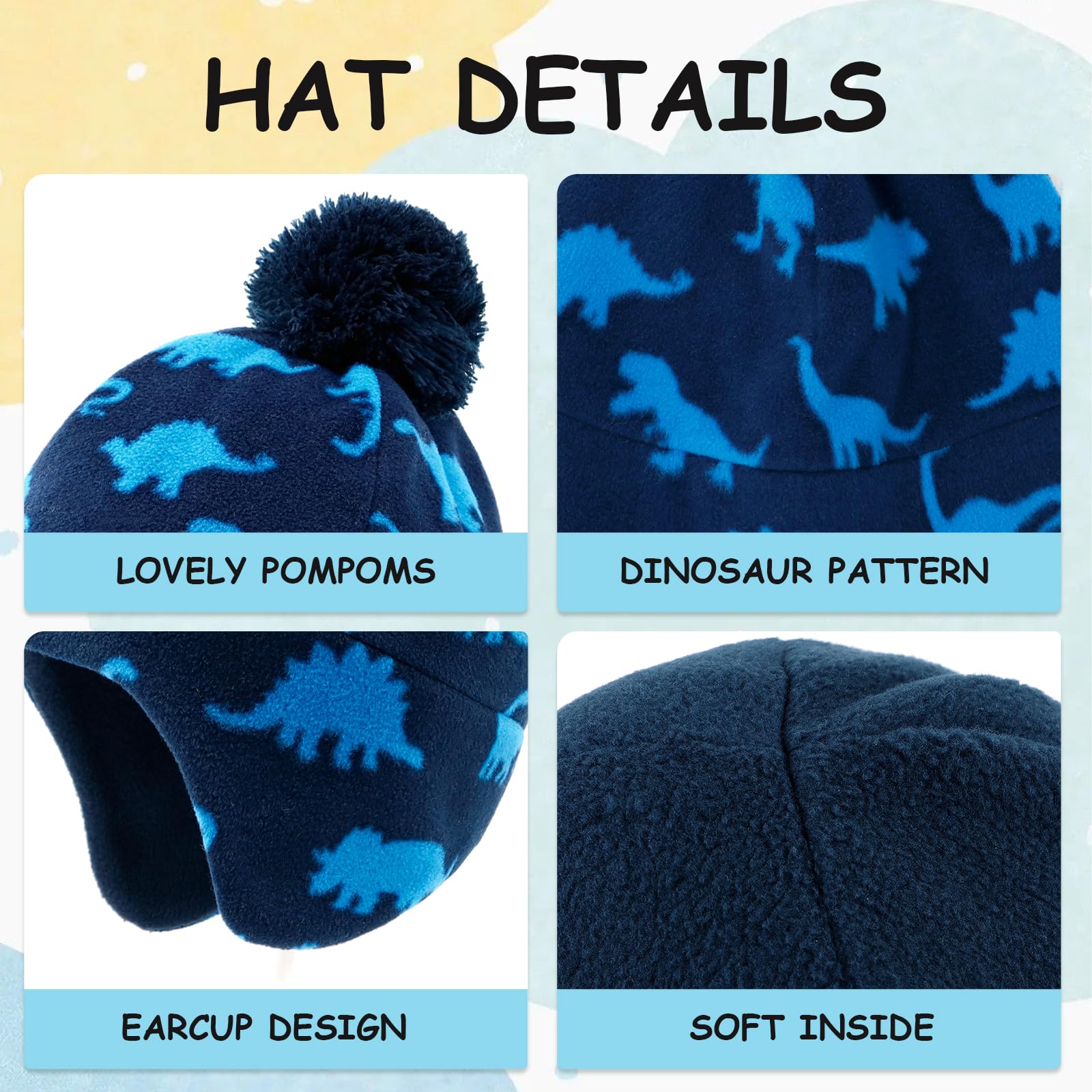 Duoyeree Kids Beanie Dinosaur Pom Pom Knit Winter Hat Fleece Lined for 1-7T