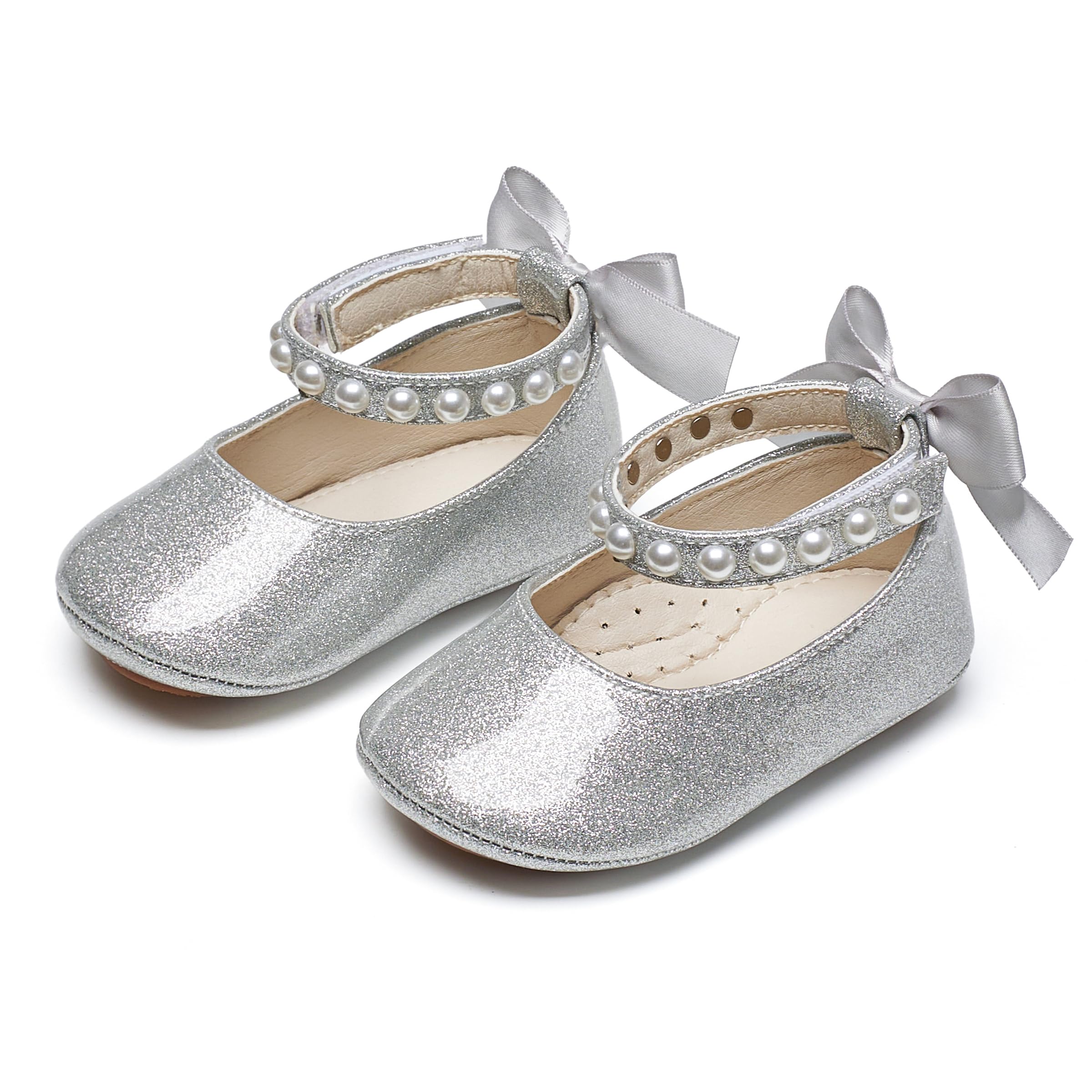 PHIRAMIN Baby Girls Glitter Silver Mary Jane Flats - Infant 18-24 Months Walking Shoes Soft Rubber Sole Princess Wedding