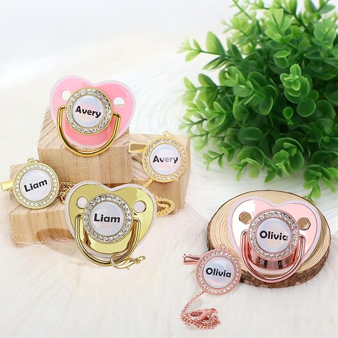 Custom Pacifier with Name, Personalized Pacifier Clip Set with Gift Box, Glitter Crystal Luxury Bling Soother Dummy, Ideal Gift for Boys Baby Shower, Christmas, Birthday, Newborn Photography(Black)