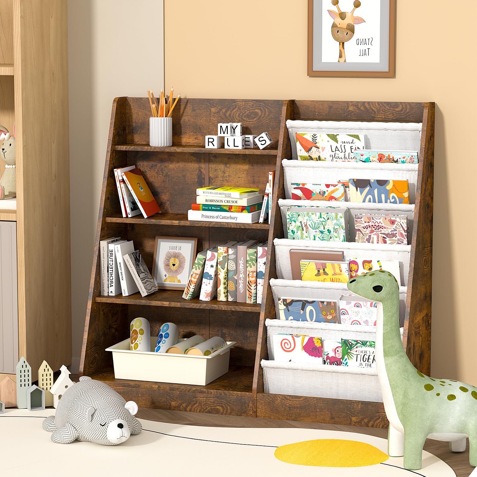HedoAjim Kids Bookshelf for Bedroom Toddler Child Baby Bookcase 4-Tier for Nursery Book Toy Storage Organizer 6 Sling Adjustable Display Shelf Stand Book Rack Wood Classroom Playroom Rustic Brown
