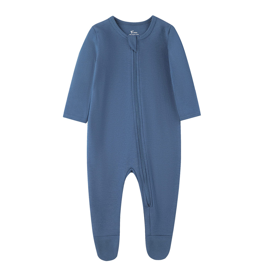 O2 BABY Baby Boys Girls Organic Cotton Zip Front Sleeper Pajamas, Footed Sleep 'n Play（Newborn, Blue Ashes）