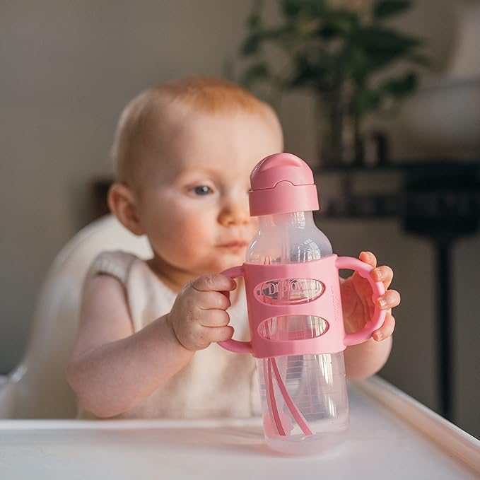 Dr. Brown's Milestones Narrow Sippy Straw Bottle, Spill-Proof with 100% Silicone Handles and Weighted Straw, 8 oz/250 mL, Gray & Pink, 6m+