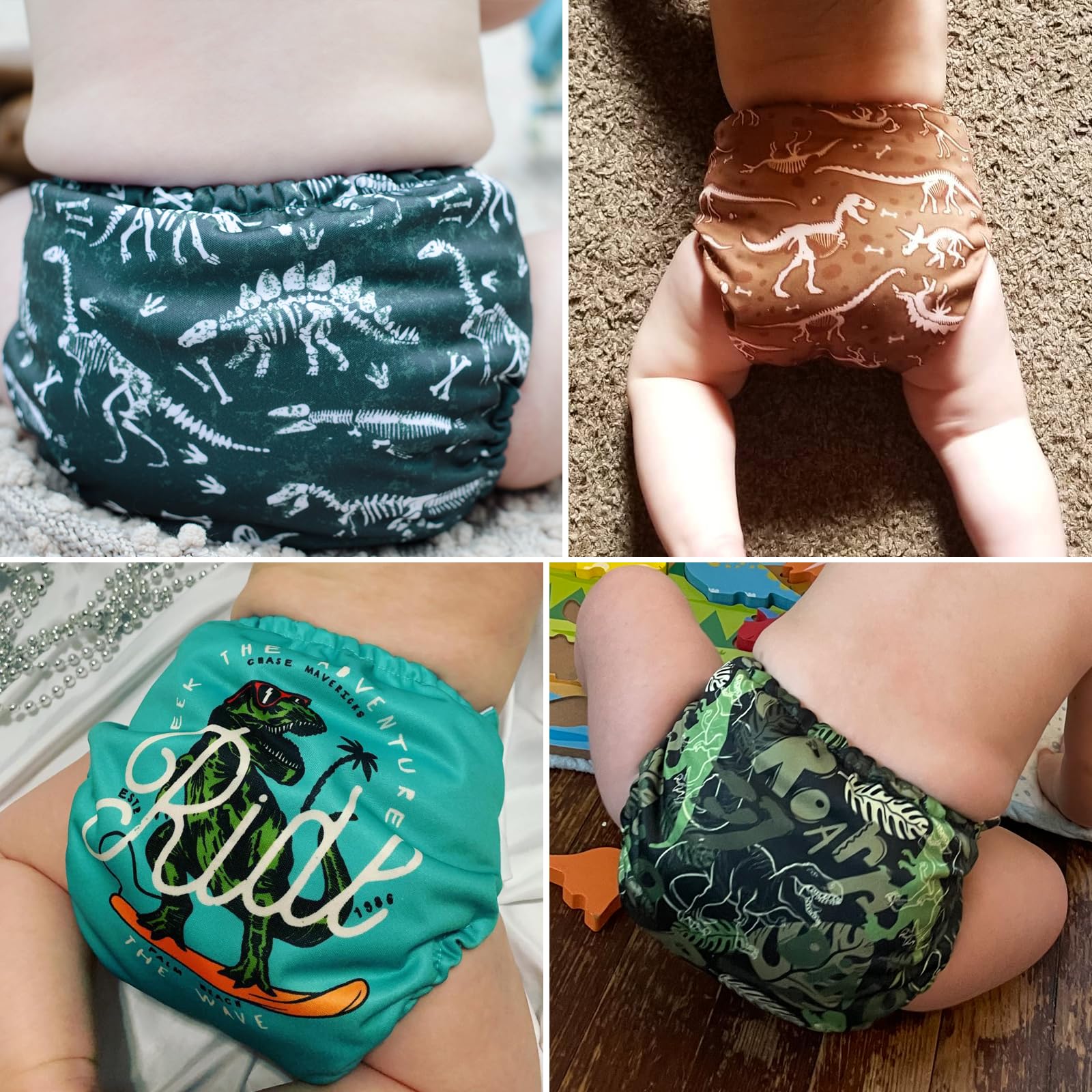 Mama Koala 3.0 Pocket Cloth Diapers for Babies with AWJ Lining, 6 Pack with 6 5-Layer Natural Cloth Diaper Inserts - Reusable and Washable Pocket Diapers(A-It's Dinosaurs)