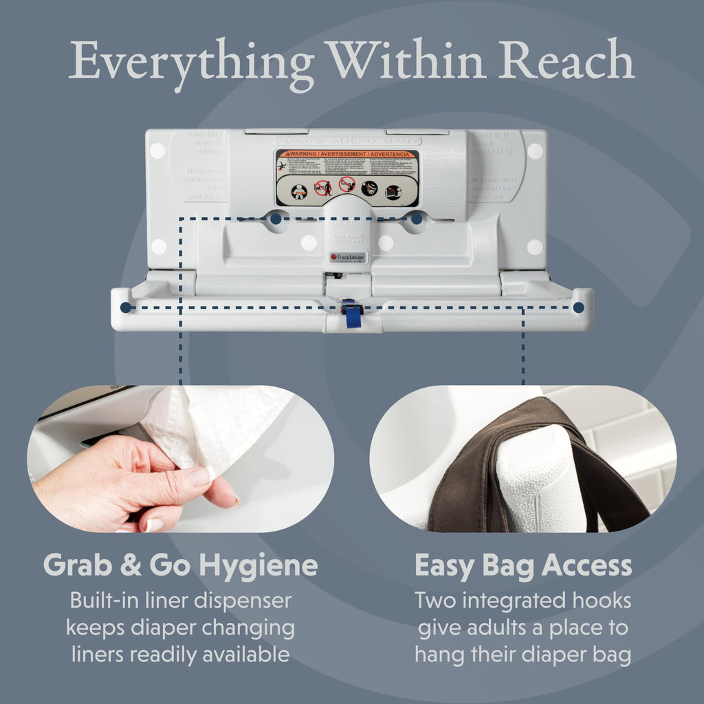 Foundations Classic Horizontal Wall-Mounted Baby Changing Station for Commercial Restrooms, Includes One Handed Adjustable Safety Strap & Liner Dispenser, Gray (100-EH)