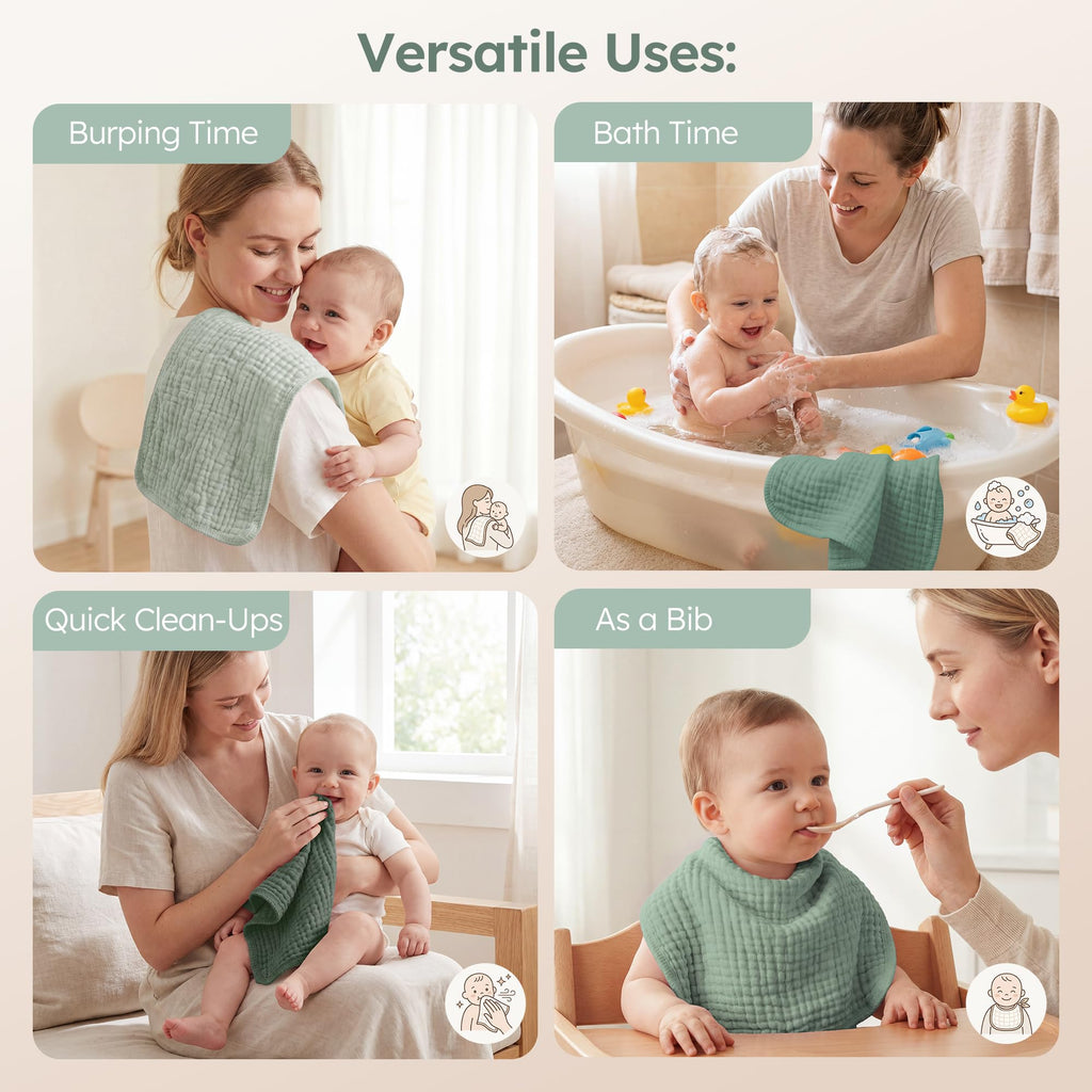 Yoofoss Muslin Burp Cloths for Baby 10 Pack 100% Organic Cotton Baby Washcloths for Boys Girls Large 20''X10'' Super Soft and Absorbent Gradient Green